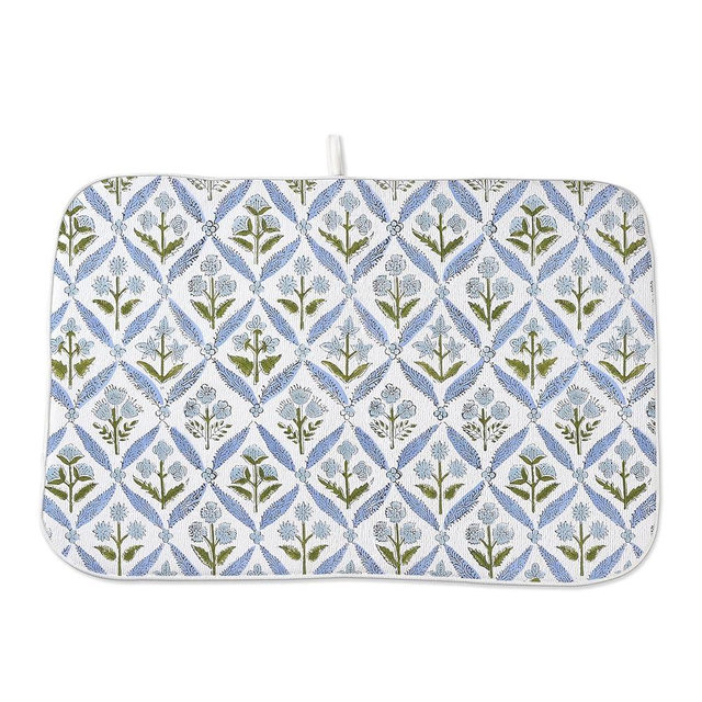 Boho Dish Drying Mat 18x24 Inches For Kitchen Counter Block Print Blue Floral Kitchen Decoration Drying Mat Modern Decorative Flower Drying Pad Mat for Home Kitchen Decor,Dining Room,Office