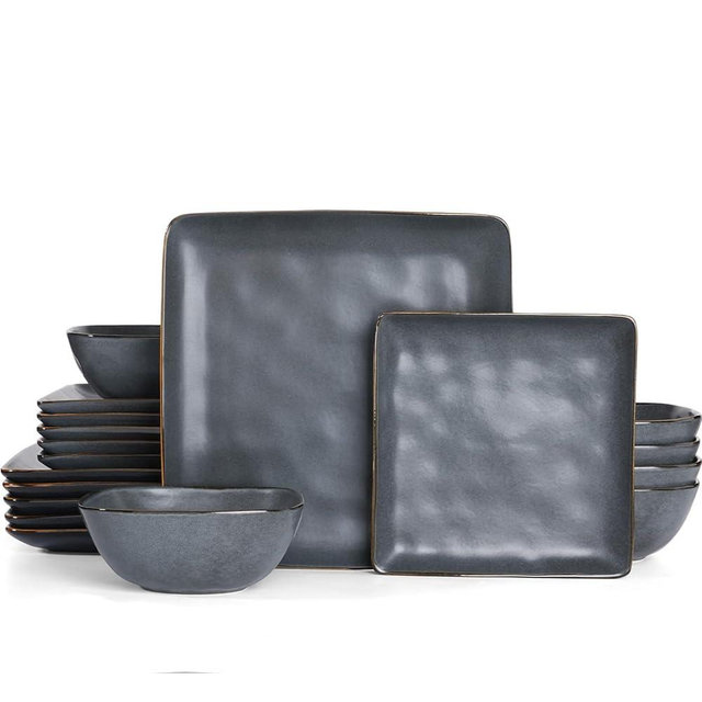 Famiware Dinnerware Sets for 6, Ocean Square 18-Piece Kitchen Plates and Bowls Sets, Microwave and Dishwasher Safe, Scratch Resistant, Matte Black
