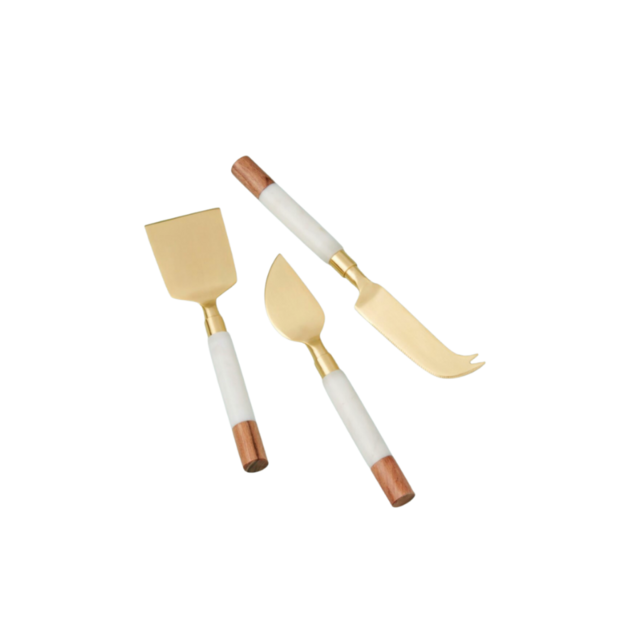 White Marble & Acacia Gold Cheese Set
