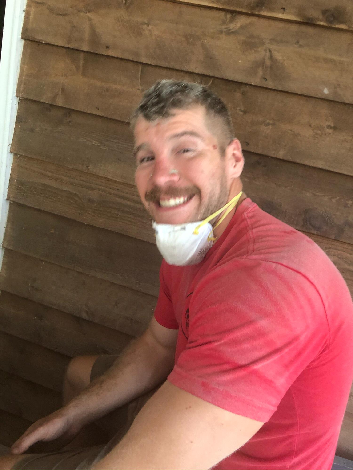 First quarantine project was turning Austin’s storage building into a gym, starting with peeling back carpet and polishing the concrete floors. His face says it all.