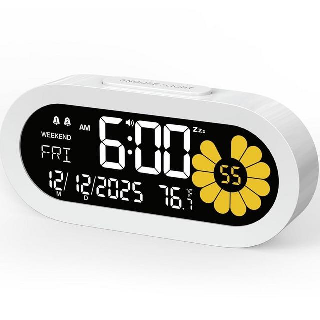 DOOMAY Digital Alarm Clock for Bedroom: Dual Alarm Bedside Clock VA LCD Display with Seconds, 9-Minute Snooze and Weekend Mode, 3 Brightness, 4 Alarms and 3 Volume Levels，Type C & Battery Included