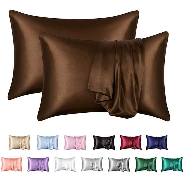 MR&HM Satin Pillowcase Set of 2, Queen Size Silky Pillow Cases for Hair and Skin No Zipper, 2 - Pack Pillow Cover with Envelope Closure (20x30, Brown)