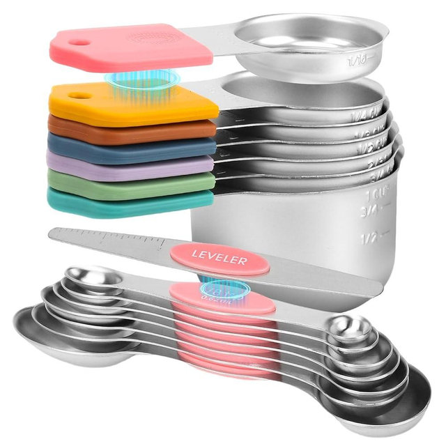 Magnetic Measuring Cups and Spoons Set, Set of 15 Stainless Steel Nesting Cup and Spoons with Leveler, Double Measurement Markings for Dry & Liquid Ingredients, Dishwasher Safe, Pink & Colorful