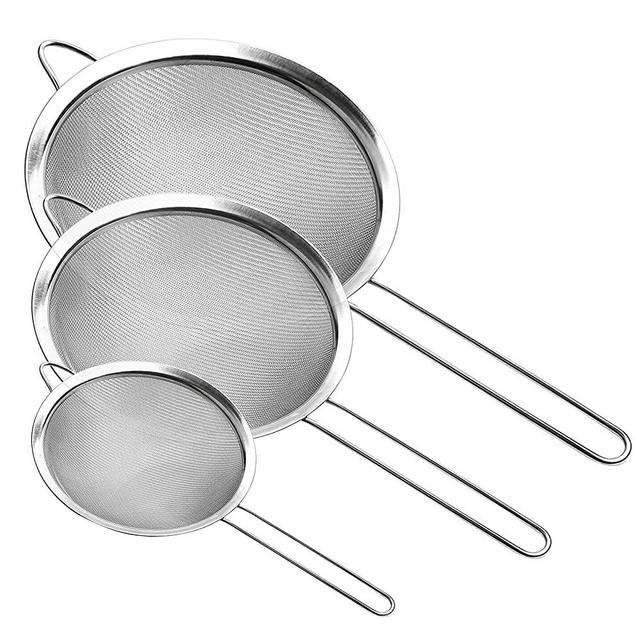 Fine Mesh Strainer, Stainless Steel Fine Mesh Sieve, Set of 3 Small Strainers Fine Mesh for Kitchen, Silver Colander Sieve Sifter with Long Handle, 3.2", 5.3", 7.8"