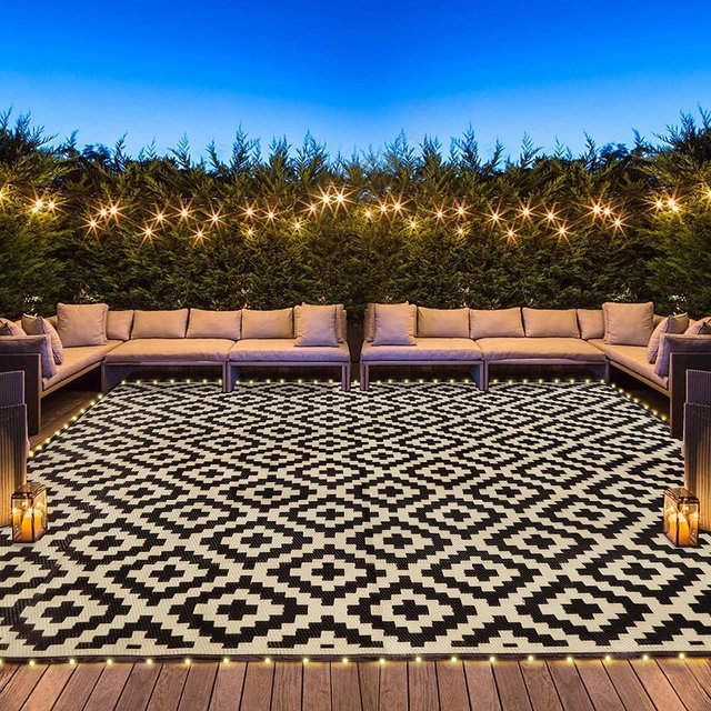 SAND MINE Reversible Mats with Led Strip Lights, Plastic Straw Rug, Modern Area Rug, Large Floor Mat for Outdoors, Patio, Backyard, Deck, Picnic, Camping, Black & Beige, 8' x 10'