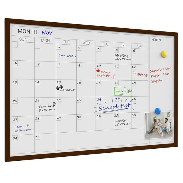 Comix Dry Erase Calendar Whiteboard for Wall,Magnetic Dry Erase White Board with Brown Wood Frame, 36 * 24 inches Decorative Planner Board for Office, Kitchen, School, Home