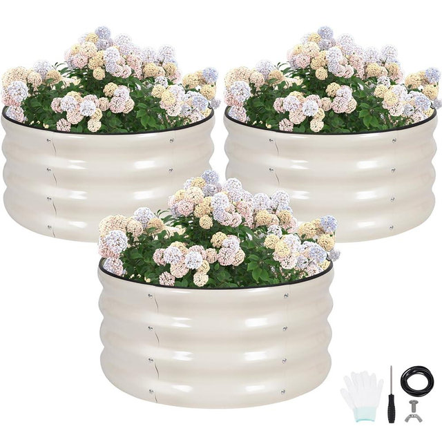 G GOOD GAIN Round Raised Garden Bed - 3Pcs 2x2x1ft Galvanized Steel Planter Boxes Outdoor with Rubber Edge Trim | Metal Raised Beds for Gardening Vegetables Flowers Fruits Herbs (White)