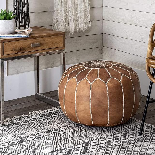 nuLOOM Handmade Moroccan Leather Filled Ottoman Pouf, 14" x 20" x 20", Brown