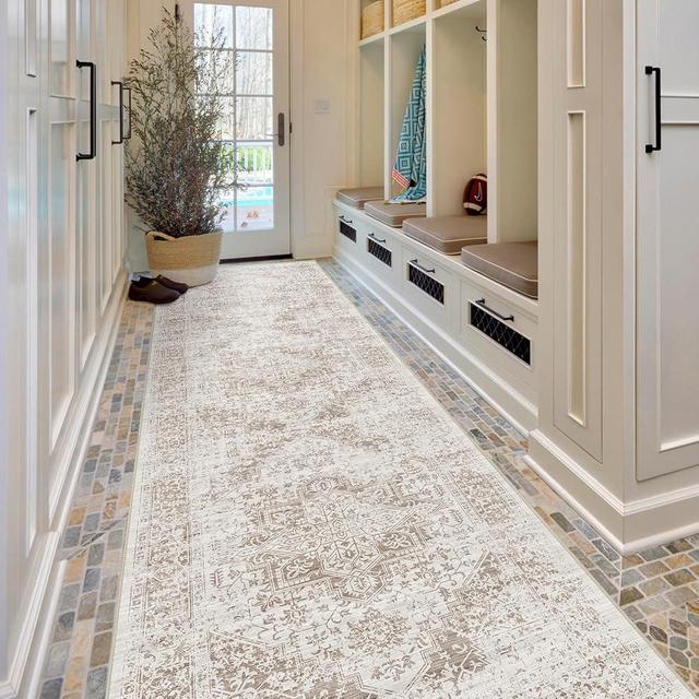 EISUROM Hallway 3x10 Runner Rug - Vintage Non-Slip Long Rug for Entryway Low-Pile Washable Medallion Runner Rugs for Hallway Waterproof Traditional Runner Rug Indoor Thin Rug for Kitchen (Beige)