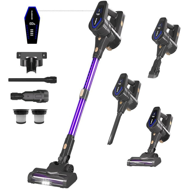 Floisdace Cordless Vacuum Cleaner, 450W/45KPA Self-Standing Stick Vacuum, Lightweight Handheld Vacuum with LED Screen, Rechargeable Vacuum for Home, Hardwood, Carpets, Pet Hair, Car (Purple)