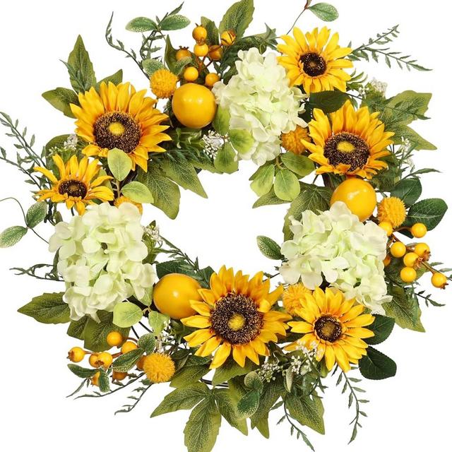 Pudate Sunflower Wreath with Hydrangeas, Lemons, Big Berry,Summer Wreath for Front Door, Unique Housewarming Gift,mother'day Gift,Farmhouse Porch Decor, Wall Decor-22IN