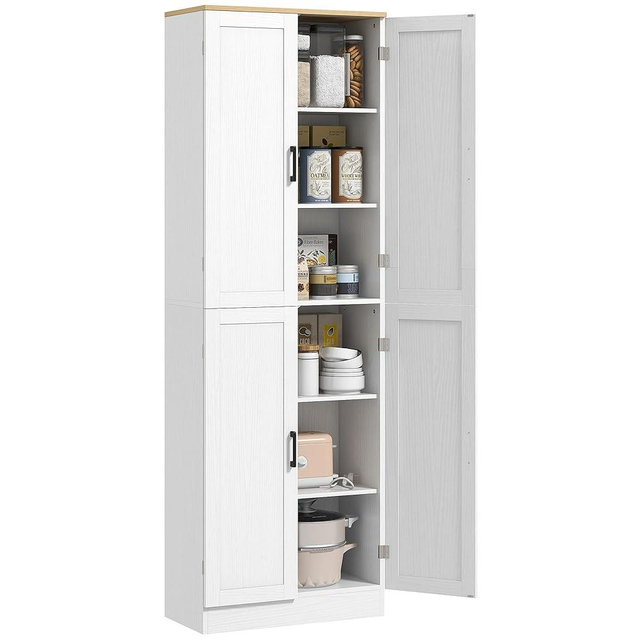 HOMCOM 67" Freestanding Kitchen Pantry, 4-Door Storage Cabinet Organizer with Adjustable Shelves, Kitchen Cabinet with Doors and Shelves, Distressed White