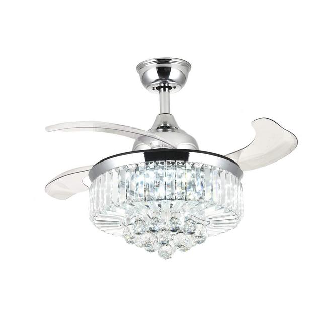 Moooni Dimmable Fandelier Crystal Ceiling Fans with Lights and Remote Modern Invisible Retractable Chandelier Fan LED Ceiling Fan Light Kit -Polished Chrome 36 Inches