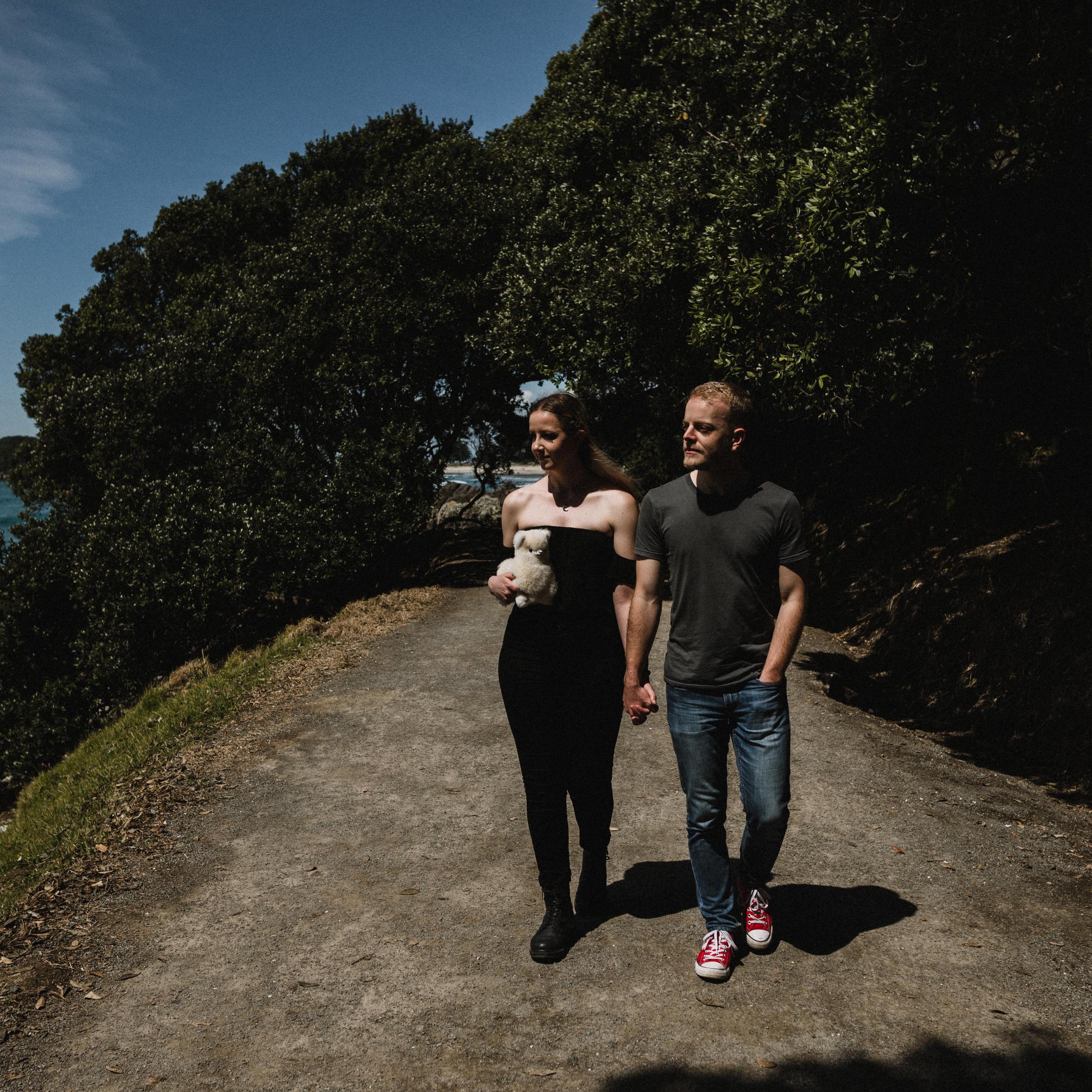 Taking a stroll with our marriage llama (or my dowry, as my brother called it) at our engagement shoot in Tauranga.