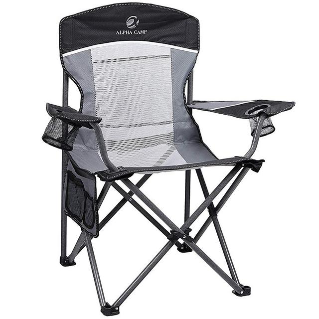ALPHA CAMP Oversized Mesh Back Camping Folding Chair Heavy Duty Support 350 LBS Collapsible Steel Frame Quad Chair Padded Arm Chair with Cup Holder Portable for Outdoor
