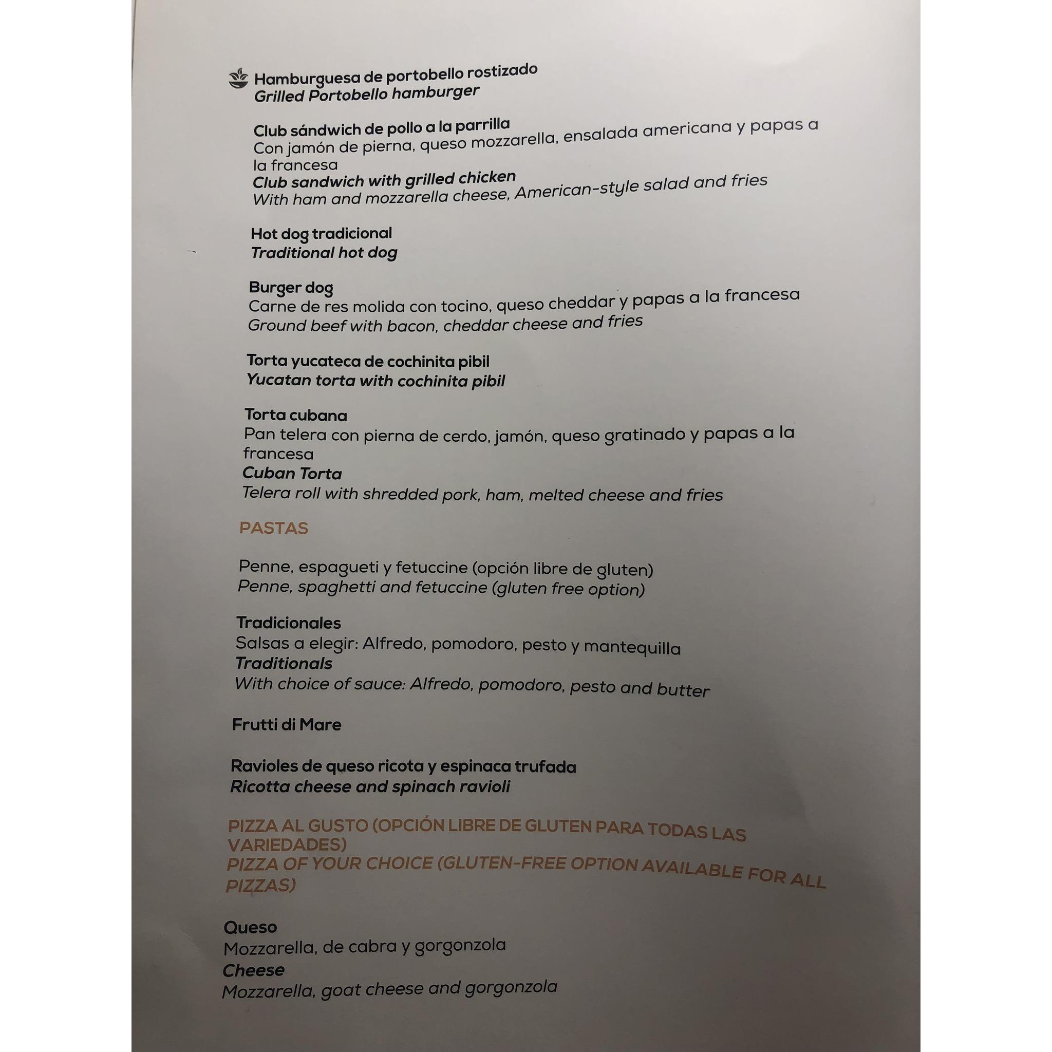 Lunch and dinner room service menu