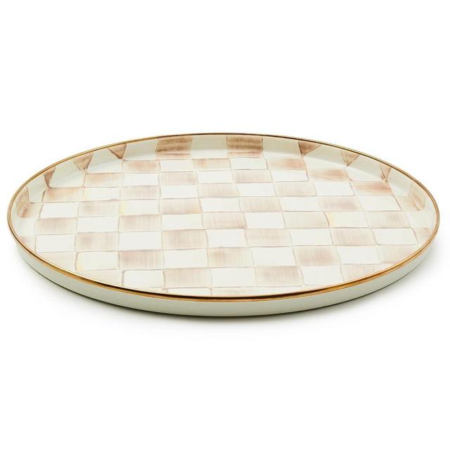 MACKENZIE-CHILDS Enamel Round Tray, Unique Serving Platter for Food and Drinks, Brown-and-White Mocha Check