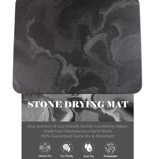 The Poppy Company Large Stone Drying Mat for Kitchen Counter, Water Absorbing Stone, Quick Dry Stone Mat Kitchen, Diatomaceous Earth Dish Drying Mat (17.7 x 13.8 Inch Black Marble Drying Mat)