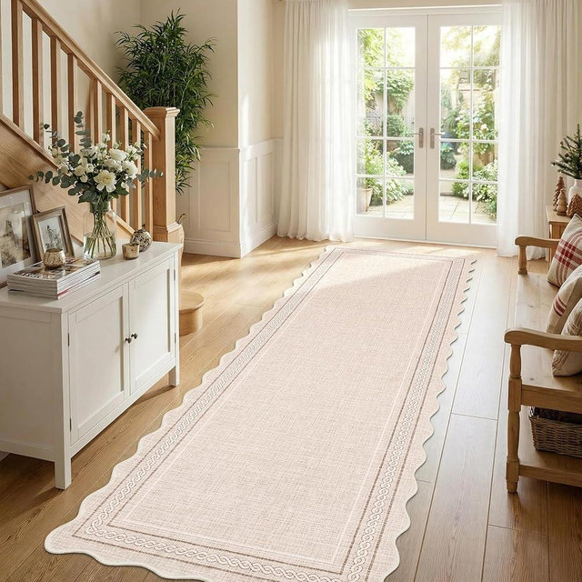GarveeHome Scalloped Washable Rugs 2x6 Hallway Runner Rug Non Slip Kitchen Rugs Soft Non Shedding Modern Low Pile Entryway Rug Stain Resistant Carpet for Bath Laundry Room Bedroom, Beige