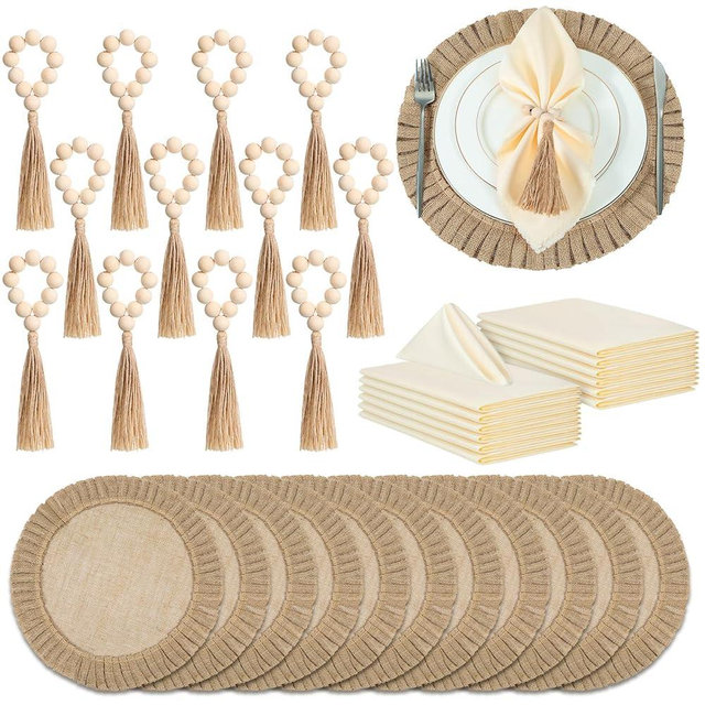 Gejoy Round Burlap Placemats Wood Bead Napkin Rings with Dinner Napkins Cloth, Jute Heat Resistant Placemats Boho Wooden Rings for Plates Wedding Dining Table(36 Pcs)