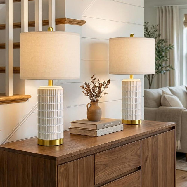 PoKat Small Bedside Table Lamps Set of 2 for Bedroom Living Room, 21.5'' Modern Ceramic Nightstand Lamps with Gold Base, Farmhouse Table Lamps for Office End Side Table Console, White and Beige