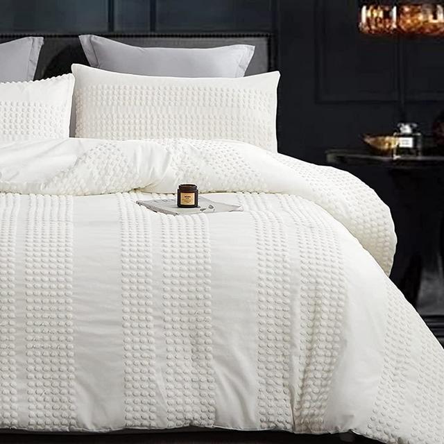 King Size Comforter Set;White Comforter Boho Tufted Lightweight Bedding Sets 3PCS Pom Pom Comforter Soft Jacquard Comforter with 2 Pillow Cases for All Season
