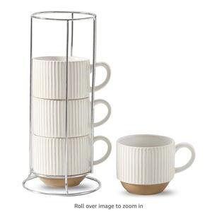 Hasense 15oz Coffee Mug Set of 4 - Stackable Ceramic Mugs with Holder - White & Light Brown Coffe Cups Set for Cappuccino, Tea, Hot Cocoa, Drinks - Wedding & Housewarming Gifts, Everyday Use