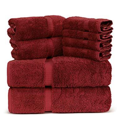 Towel Bazaar Luxury Hotel and Spa Quality Dobby Border 100% Turkish Cotton Eco-Friendly and Highly Absorbent Towel Set (Set of 8, Cranberry)