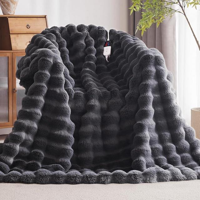Anysay Heated Blanket Throw with 6 Hours Auto-Off 10 Heat Level, 62'' * 84'' Cozy Faux Rabbit Fur Bubble Electric Blanket with Overheating Protection, Soft Fast Heating Blanket with ETL (Dark Grey)