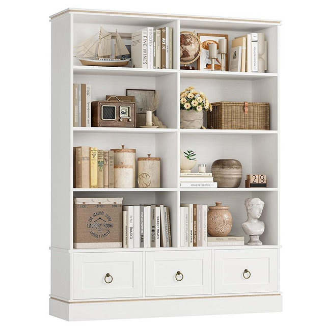 HOSTACK Farmhouse Bookshelf and Bookcase, 47" Wide Bookcase with Drawers, 5 Tier Book Shelves with Storage, Large Display Shelves, 63" Tall Wood Standing Shelving Unit for Home Office, Study, White