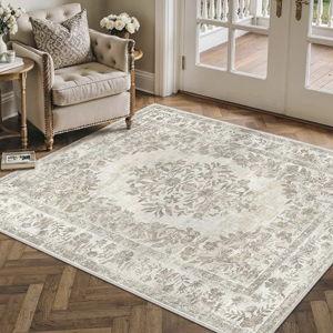 Vintage Beige/cream-3x4 Area Rug Beige Washable Office Vintage Distressed Carpet Bedroom Indoor Neutral Medallion Floral Living Room Non Slip Retro Throw Floor Mat for Dining Room Kitchen Bathroom