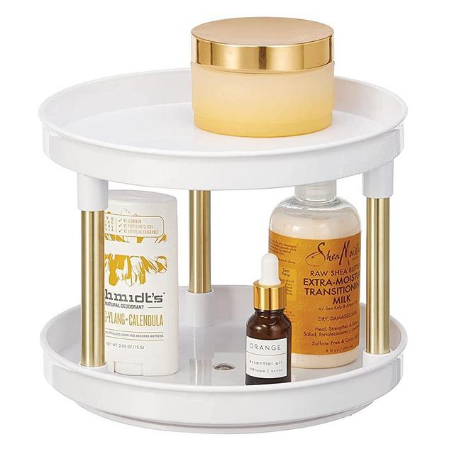 mDesign Plastic Spinning 2-Tier Lazy Susan Turntable Storage Tray - Rotating Organizer for Bathroom Vanity Counter Tops, Under Sink, Closets, Dressers - White/Soft Brass