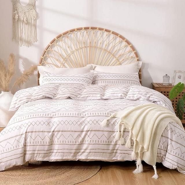Lekesky Duvet Cover King Size, Soft Microfiber Boho Aztec Duvet Cover Set White Geometric Pattern Bohemian Bedding Duvet Cover Set with Zipper Closure Corner Ties (No Comforter)