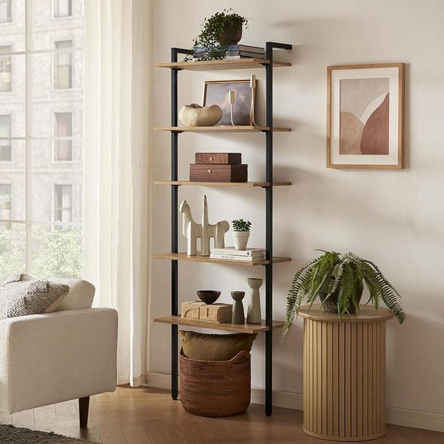 mopio Norwin Ladder Book Shelf, Wall Bookshelf, Farmhouse Industrial Bookcase, Narrow Slim Organizer Display Shelves, Living Room, Bedroom (5-Tier Shelf)