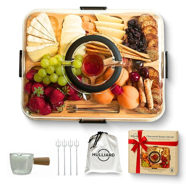 Charcuterie Board with Lid and Handles, 2-in-1 Bamboo Cutting and Serving Tray, Stylish Glass Bowl, 4 Stainless Steel Forks, Storage Bag, Silicone Stoppers, Housewarming Gift