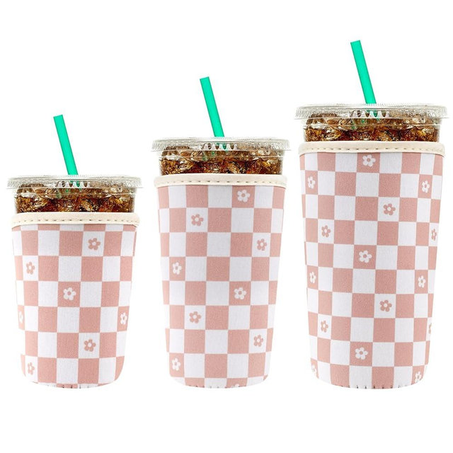 YR Reusable Neoprene Insulator Sleeve for Iced Coffee Cups, 3 Pack Coffee Coolies sleeves for Iced & Hot Drinks, Cold Beverage Cooler Compatible with Starbucks Coffee and More (Floral Checkered)