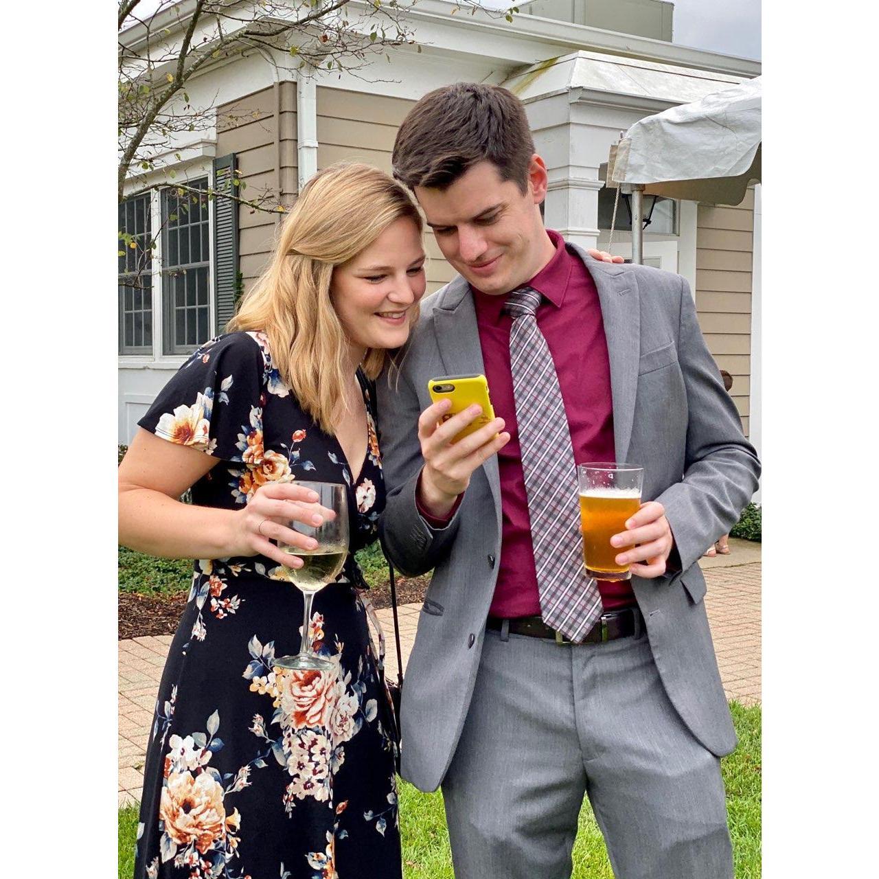 Checking to see how good we look at one of our many weddings we attended in the fall of 2019.