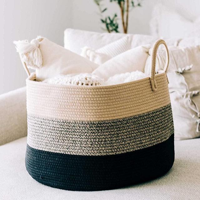 OrganiHaus XXL Cotton Rope Blanket Basket | Rope Storage Baskets for Organizing | Rope Laundry Basket and Nursery Hamper | Decorative Basket for Blankets and Toy Basket (Wide) 20x13 (3-Toned Brown)
