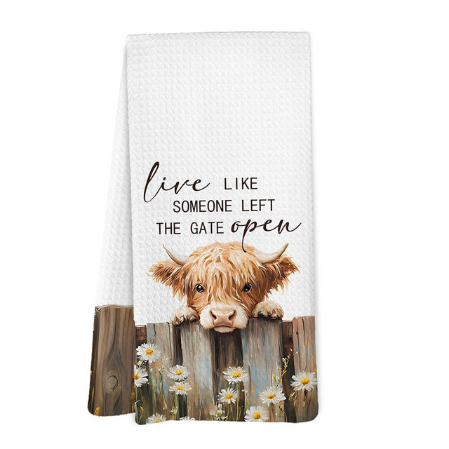 Yorhifa Highland Western Cow Gifts Kitchen Towels, Live Like Someone Left The Gate Open Farmhouse Cows Hand Towels for Bathroom Decor, Highland Cow Gifts for Cows Lovers Dish Tea Towels for Kitchen