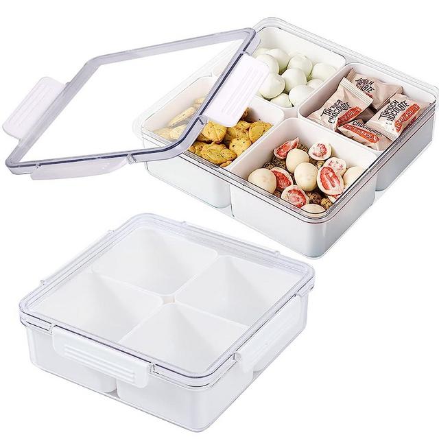 Divided Serving Tray with Lids& Removable, Snack Fruit Tray, 4 Compartment SquareFood Storage Lunch Organizer, Food Storage Lunch Storage Box for Vegetarian Candy Snack Party Appetizer Tray