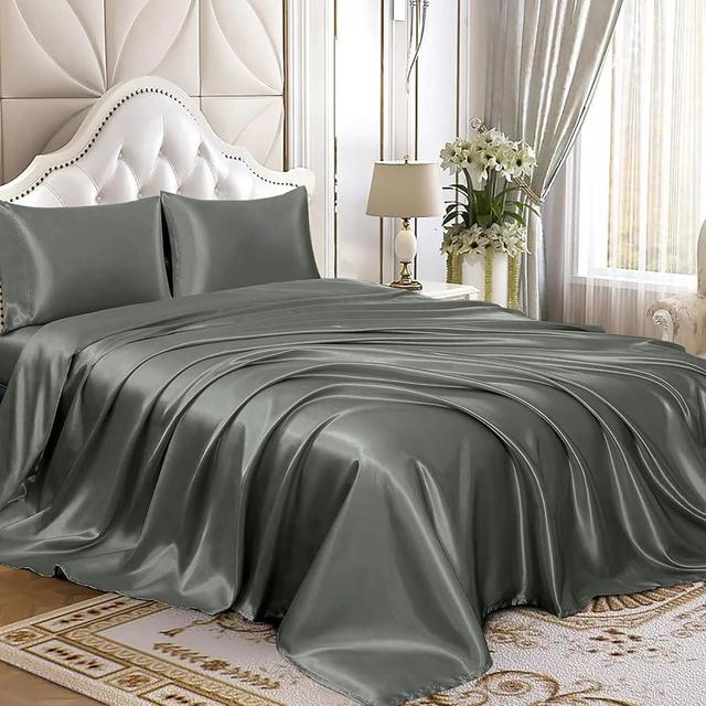 Homiest 4pcs Satin Sheets Set Luxury Silky Satin Bedding Set with Deep Pocket, 1 Fitted Sheet + 1 Flat Sheet + 2 Pillowcases (Queen Size, Dark Grey)
