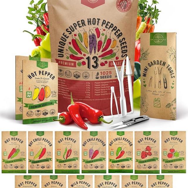 Organo Republic 13 Unique Super Hot Pepper Seeds Variety Pack - 1,020+ Non-GMO Heirloom Pepper Seeds for Outdoor and Indoor Home Gardening, Including Pepper Caloro, Firecracker, Habanero, Fresno Chili