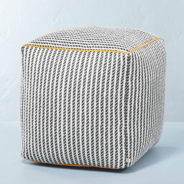Ticking Stripe Indoor/Outdoor Ottoman Pouf Dark Gray/Gold - Hearth & Hand™ with Magnolia
