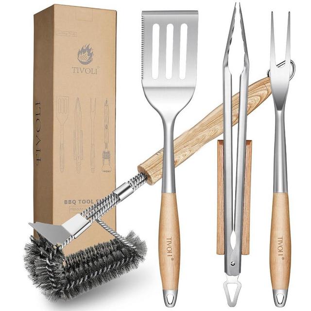 TIVOLI Grill Set 4PC BBQ Tools set Grill Accessories with BBQ Spatula, BBQ Clips, Brushes, BBQ Forks Heavy Duty Grill Kit Grill Tools for Outdoor Grill with Wood Handles Gift Ideas for Dad Man