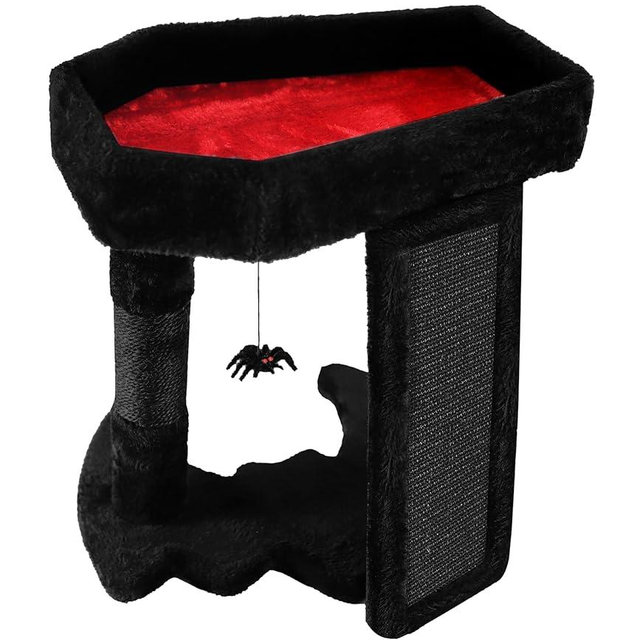PuzzlePaw Gothic Cat Tree Tower with Coffin Cat Bed for Indoor Cats, Halloween Spooky Cat Scratcher,Goth Cat Tree with Sisal Scratchig Post and Spider Dangling Toys,Black with Red