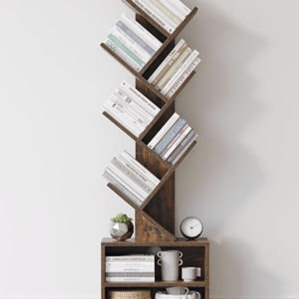 SUNMORY 6 Tier Tree Bookshelf, Small Bookcase with Storage Cabinet, Modern Tall Narrow Bookshelves Organizer, Floor Standing Book Shelf for Bedroom/Living Room/Home Office/Corner, Rustic Brown