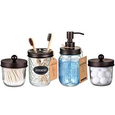 Mason Jar Bathroom Accessories Set(4 Pack) -Bronze-Lotion Soap Dispenser&Qtip Holder Set&Toothbrush Holder-Rustic Farmhouse Decor Apothecary Jar Bathroom Countertop,Vanity Organize (Bronze)