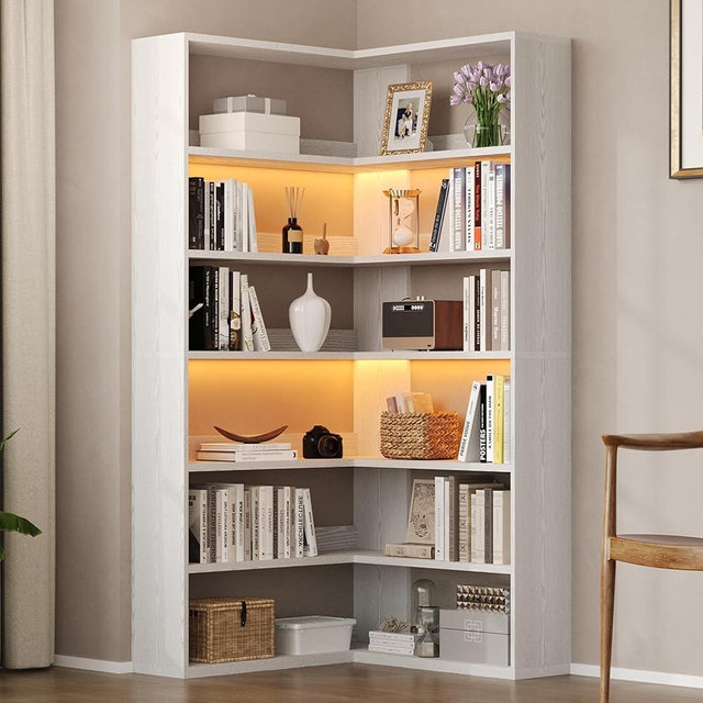 4 EVER WINNER Corner Book Shelf with LED Lights, 71” Corner Bookshelf for Living Room, Study Room, Wooden Storage Display Industrial l Shaped Bookshelf, White