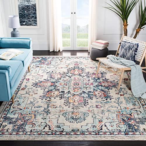 Safavieh Madison Collection MAD473B Boho Chic Vintage Distressed Medallion Area Rug, 9' x 12', Cream/Blue
