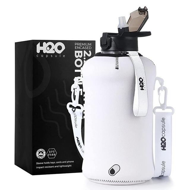 H2O Capsule 2.2L Half Gallon Water Bottle with Storage Sleeve and Covered Straw Lid – BPA Free Large Reusable Drink Container with Handle - Big Sports Jug, 2.2 Liter (74 Ounce)
